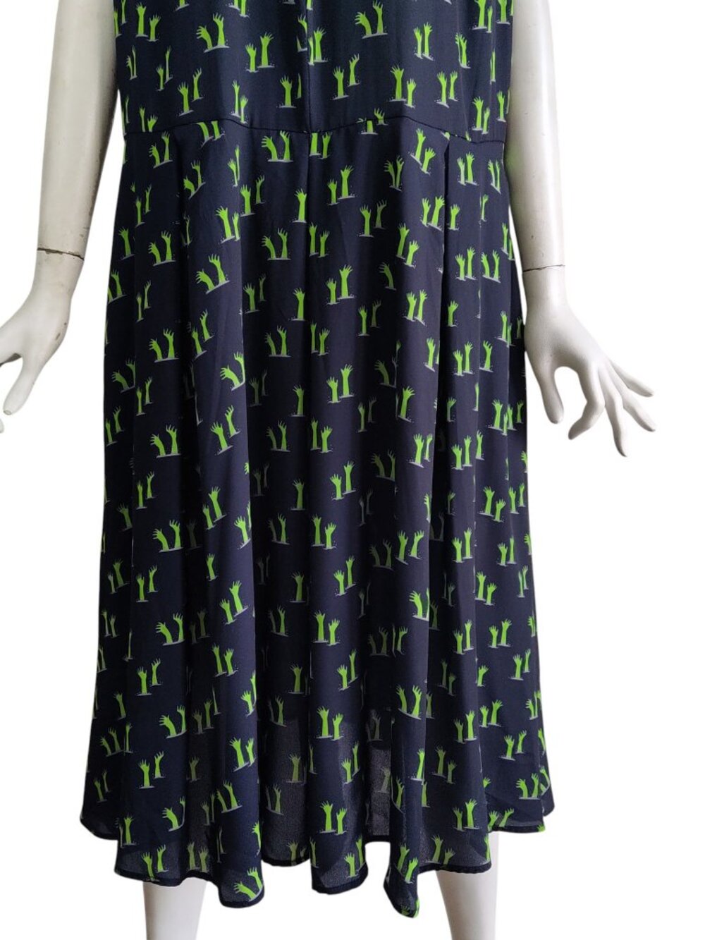 Unique Vintage Retro Zombie Slime Green Hands Tie Neck Swingy Midi Dress 2X/18 - Picture 8 of 12